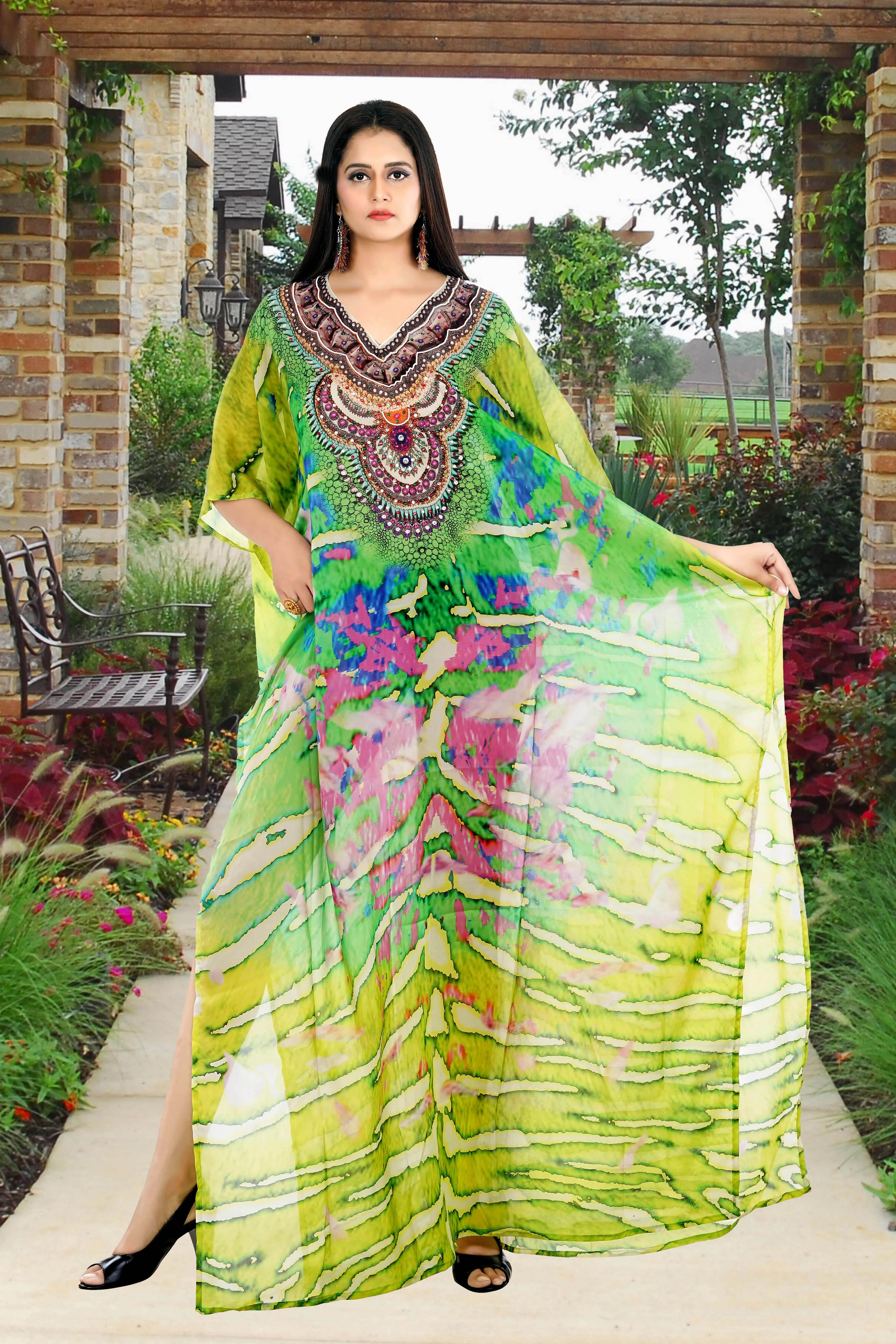 Green Camouflage Print Silk Kaftan for Special events