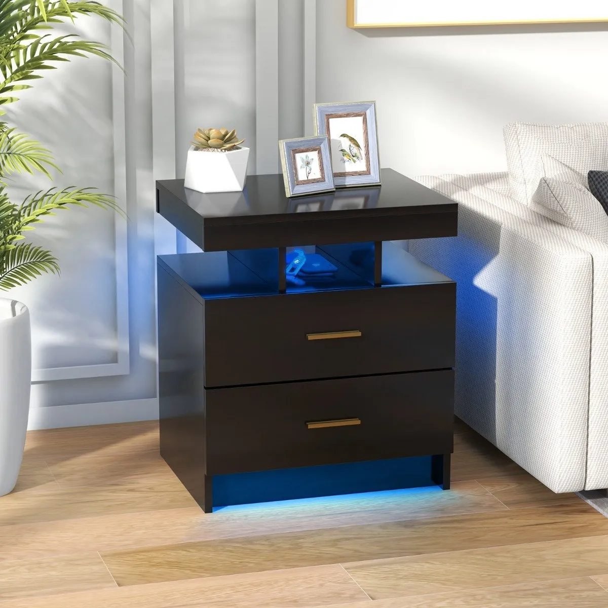 High Gloss Bedside Table with Adjustable Light Mode and Remote Control-Black