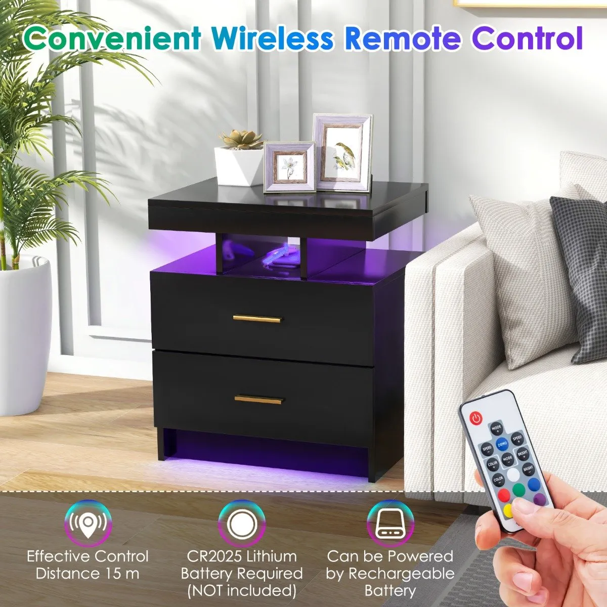 High Gloss Bedside Table with Adjustable Light Mode and Remote Control-Black