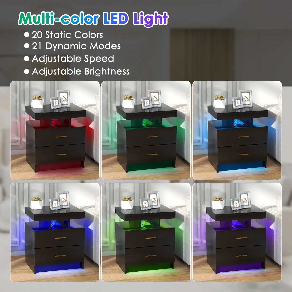 High Gloss Bedside Table with Adjustable Light Mode and Remote Control-Black