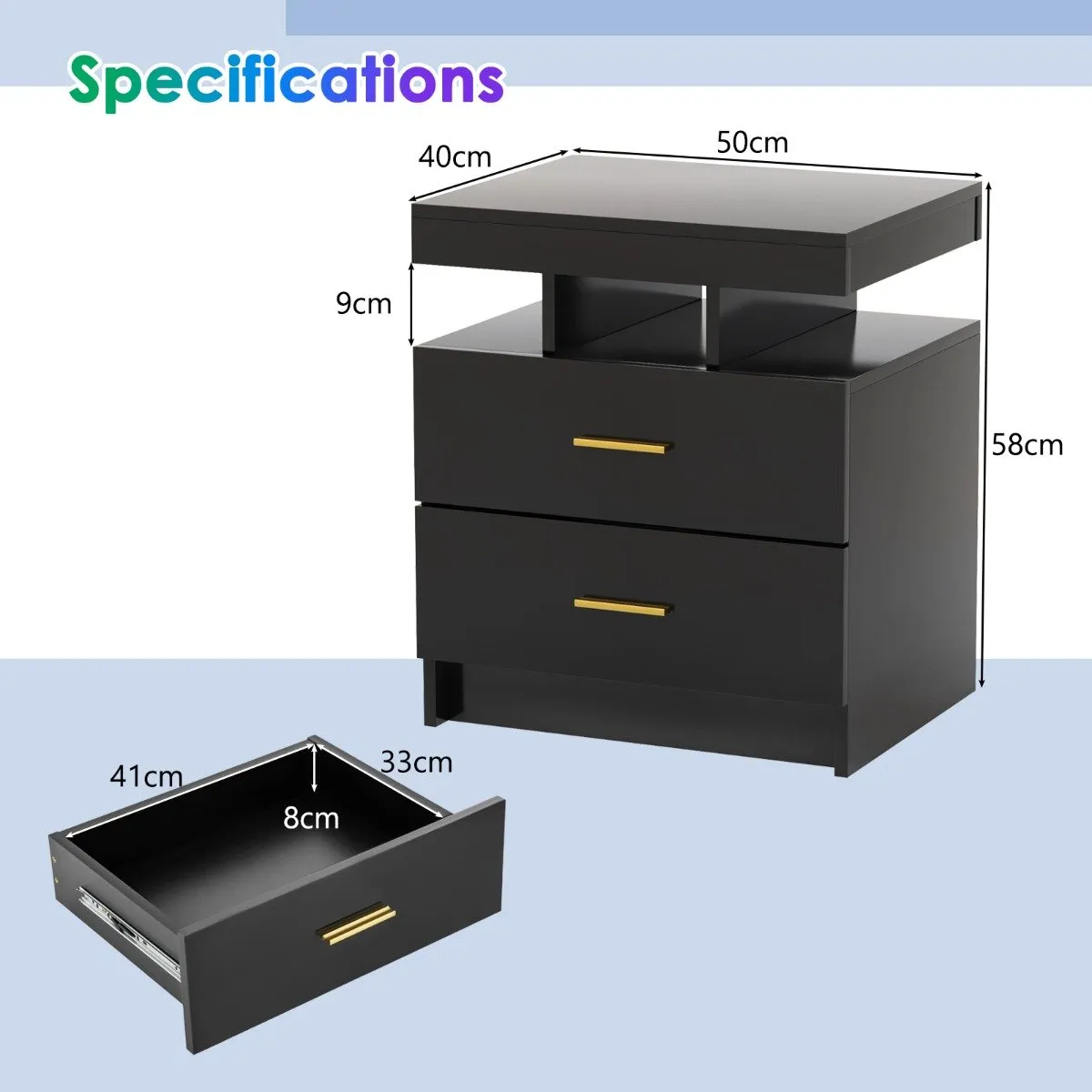 High Gloss Bedside Table with Adjustable Light Mode and Remote Control-Black