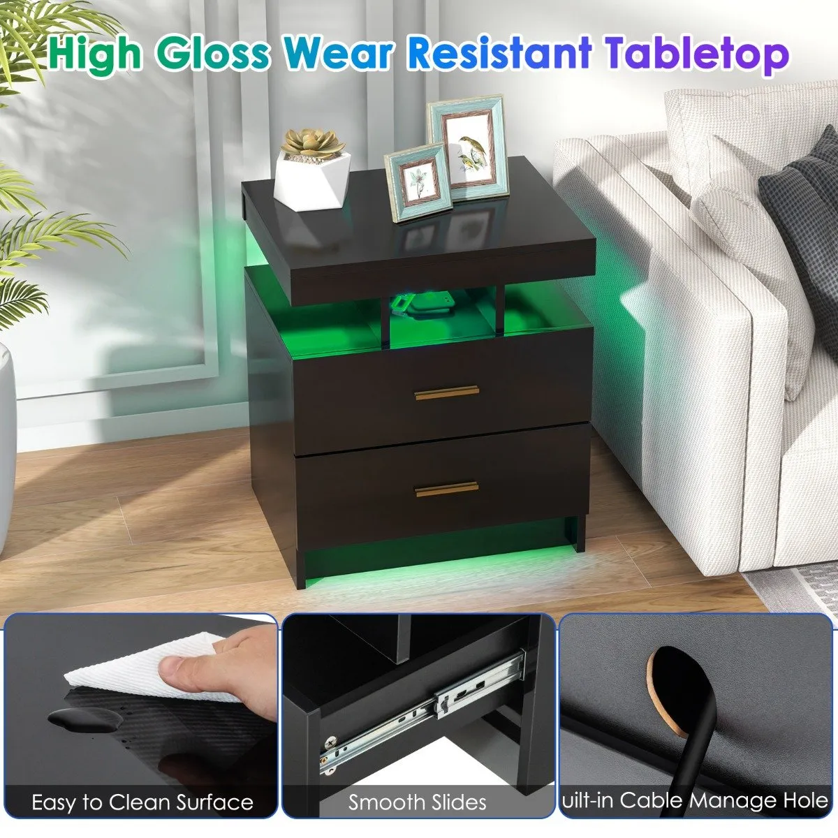 High Gloss Bedside Table with Adjustable Light Mode and Remote Control-Black