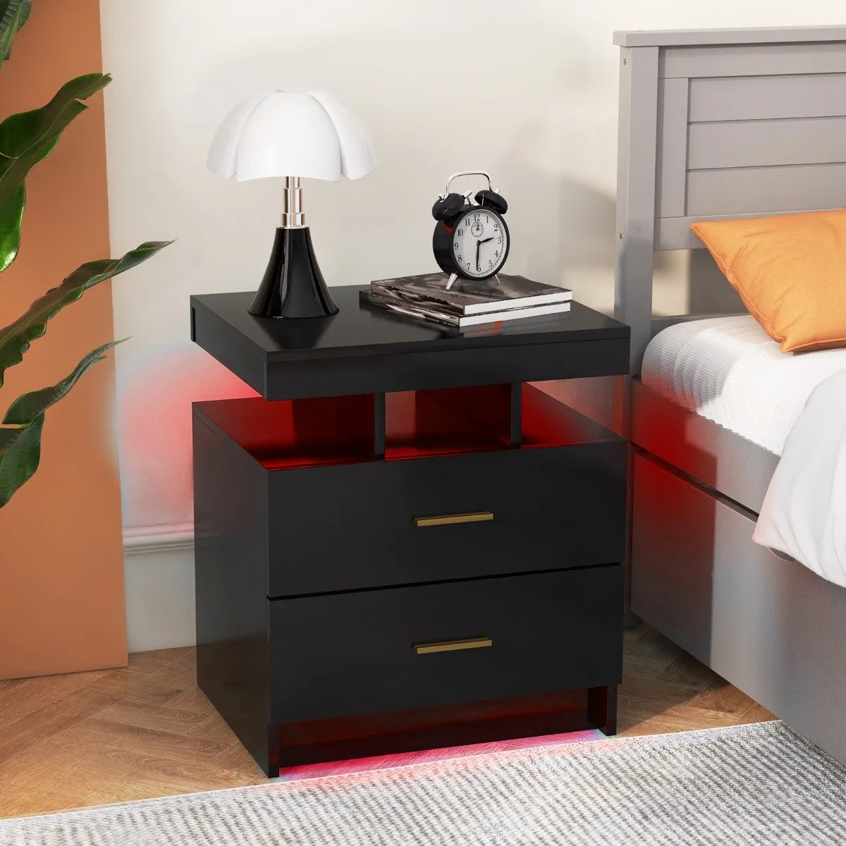 High Gloss Bedside Table with Adjustable Light Mode and Remote Control-Black
