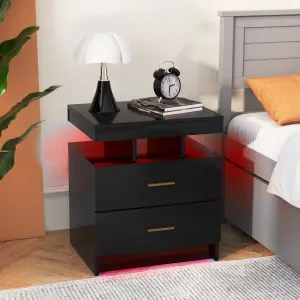 High Gloss Bedside Table with Adjustable Light Mode and Remote Control-Black