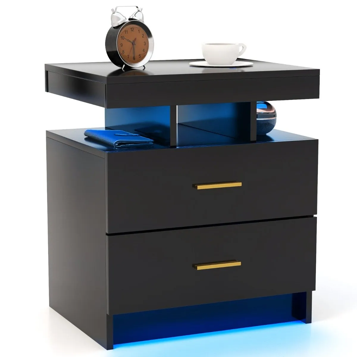 High Gloss Bedside Table with Adjustable Light Mode and Remote Control-Black