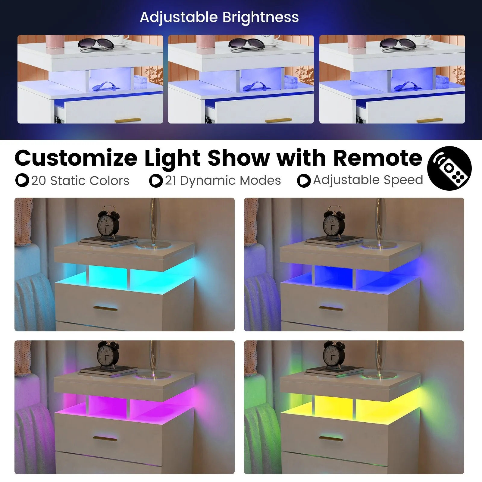 High Gloss Bedside Table with Adjustable Light Mode and Remote Control-White