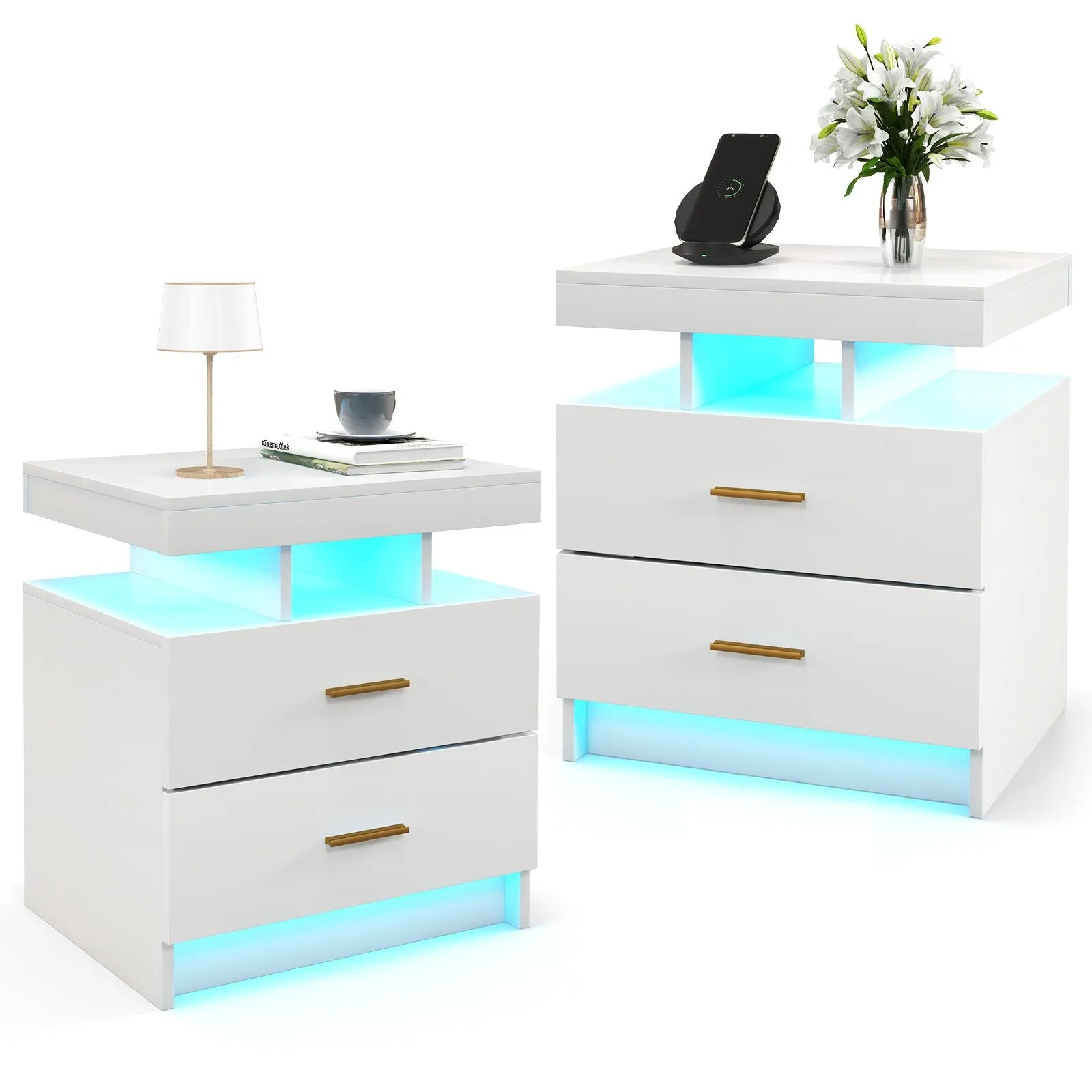 High Gloss Bedside Table with Adjustable Light Mode and Remote Control-White
