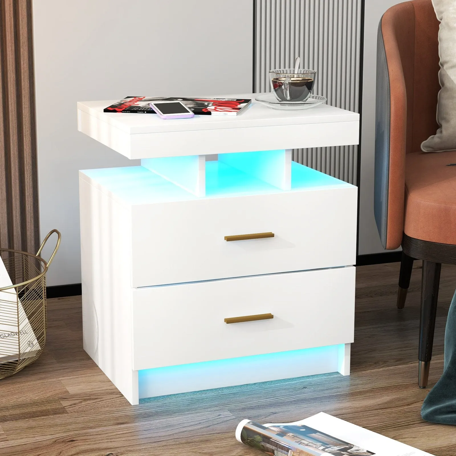 High Gloss Bedside Table with Adjustable Light Mode and Remote Control-White