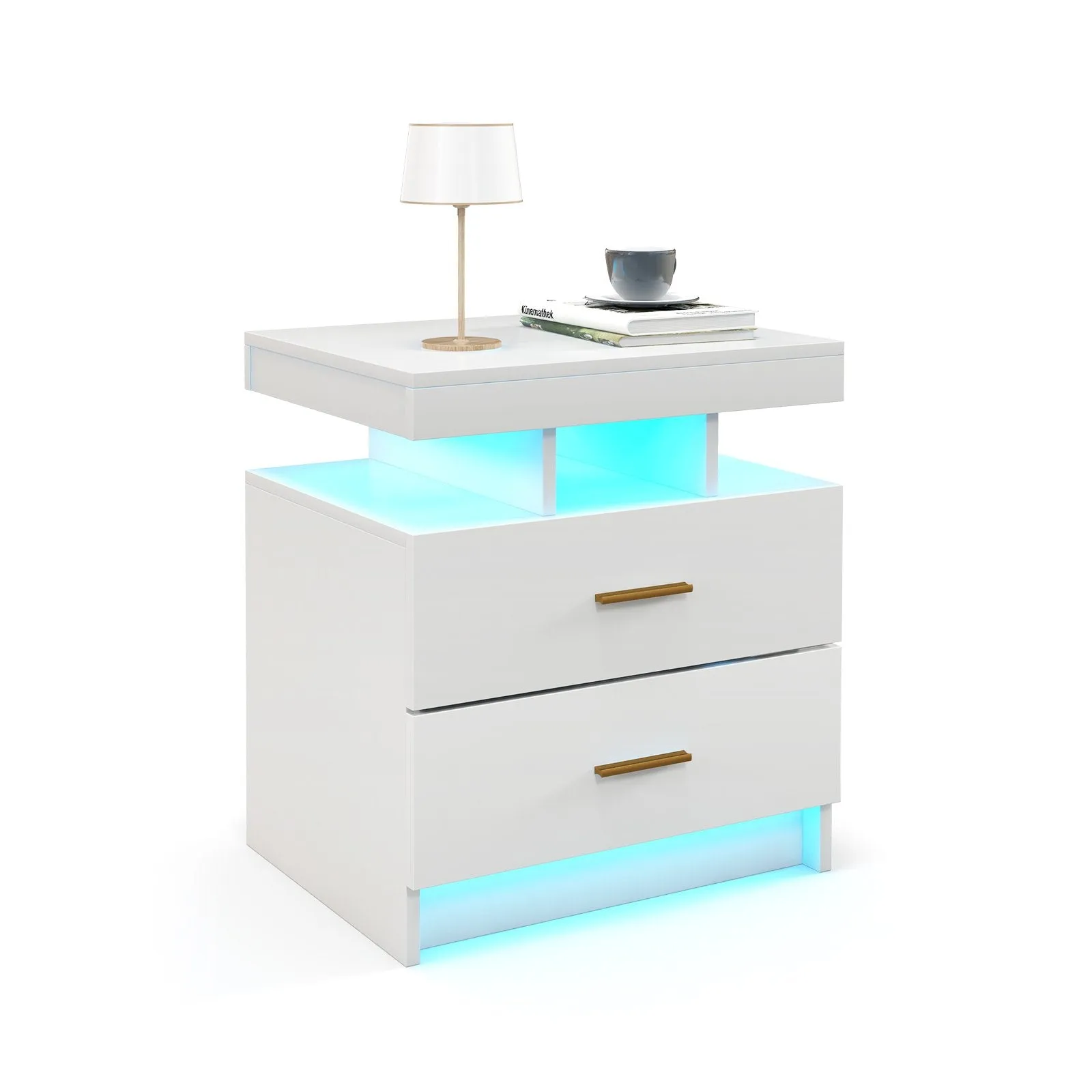 High Gloss Bedside Table with Adjustable Light Mode and Remote Control-White