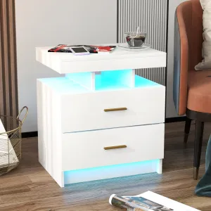 High Gloss Bedside Table with Adjustable Light Mode and Remote Control-White