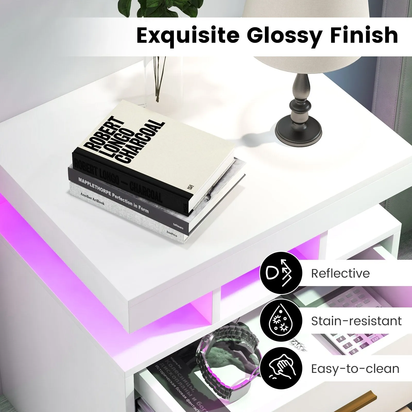 High Gloss Bedside Table with Adjustable Light Mode and Remote Control-White