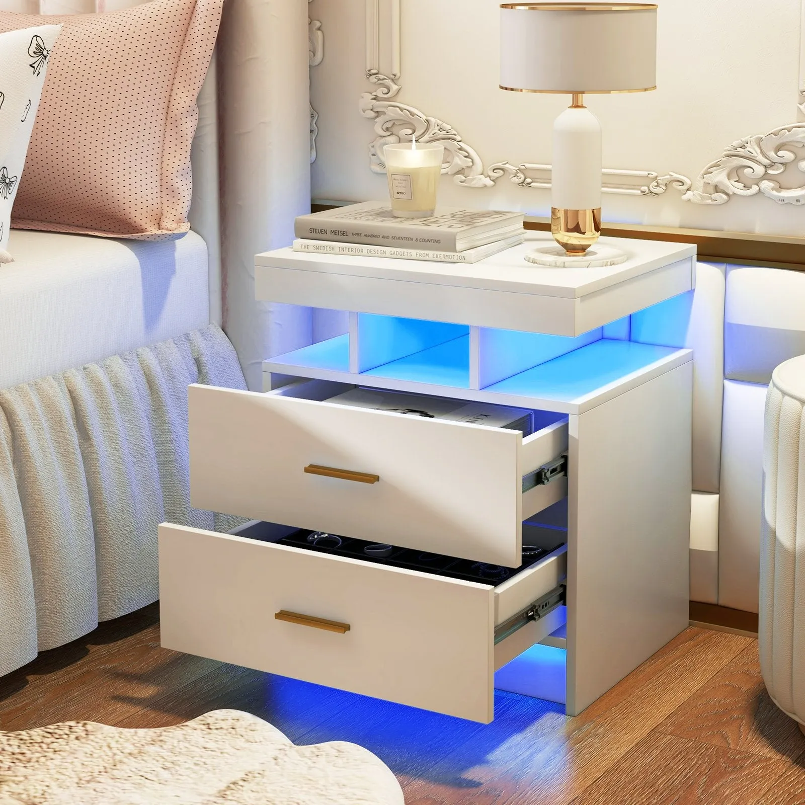 High Gloss Bedside Table with Adjustable Light Mode and Remote Control-White