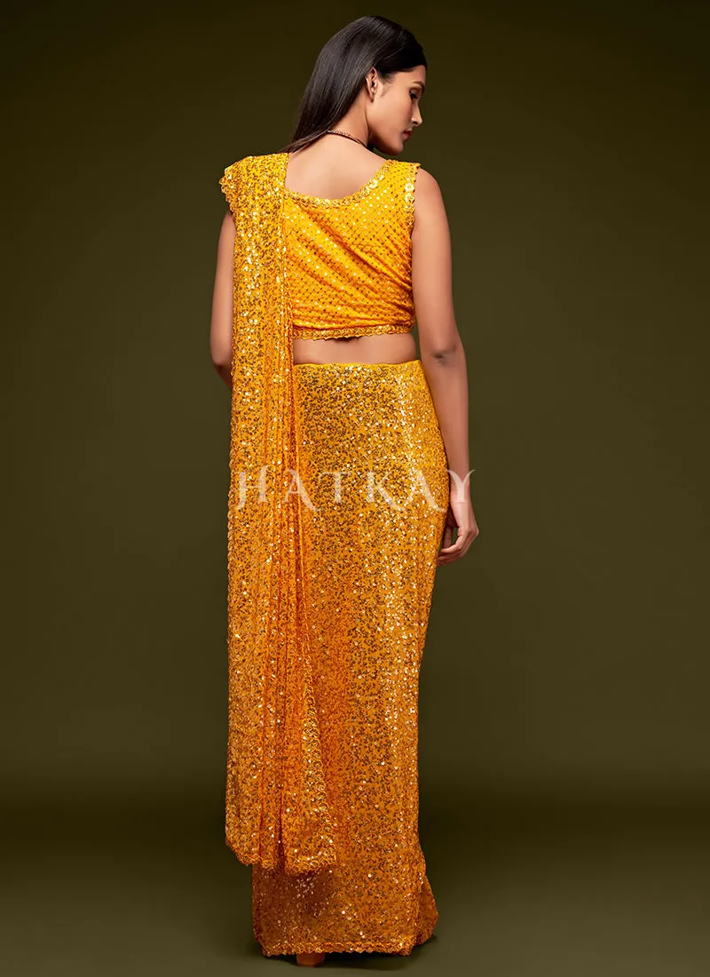 Honey Yellow Sequins Embroidery Georgette Saree
