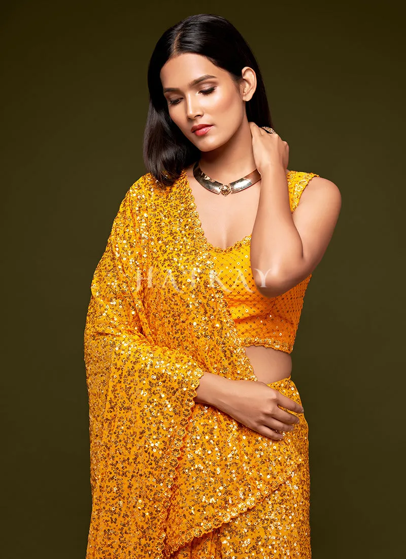 Honey Yellow Sequins Embroidery Georgette Saree