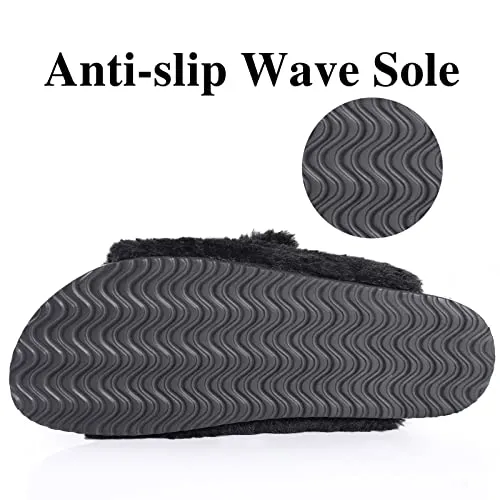 KIDMI Fuzzy Slippers Women with Cork Footbed Fluffy Slides Open Toe Indoor House Shoes | Arch Support | Adjustable Buckles, Black 8-8.5