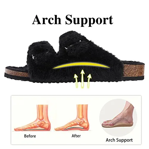 KIDMI Fuzzy Slippers Women with Cork Footbed Fluffy Slides Open Toe Indoor House Shoes | Arch Support | Adjustable Buckles, Black 8-8.5