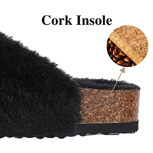 KIDMI Fuzzy Slippers Women with Cork Footbed Fluffy Slides Open Toe Indoor House Shoes | Arch Support | Adjustable Buckles, Black 8-8.5