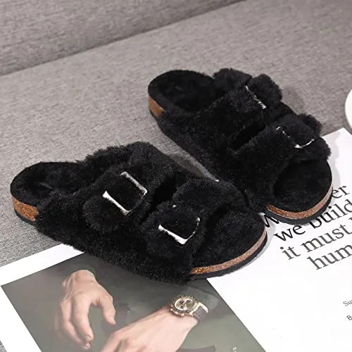 KIDMI Fuzzy Slippers Women with Cork Footbed Fluffy Slides Open Toe Indoor House Shoes | Arch Support | Adjustable Buckles, Black 8-8.5