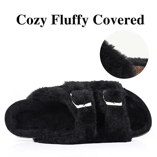 KIDMI Fuzzy Slippers Women with Cork Footbed Fluffy Slides Open Toe Indoor House Shoes | Arch Support | Adjustable Buckles, Black 8-8.5