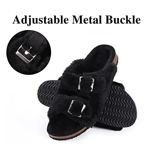 KIDMI Fuzzy Slippers Women with Cork Footbed Fluffy Slides Open Toe Indoor House Shoes | Arch Support | Adjustable Buckles, Black 8-8.5