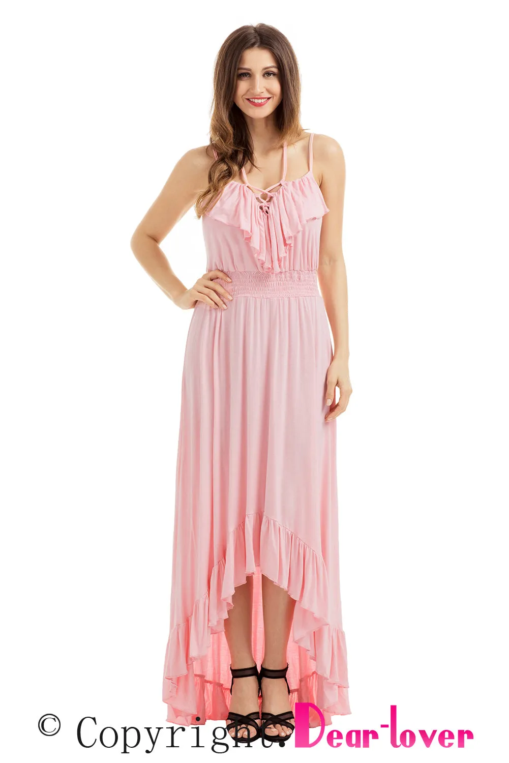 Light Pink Lace Up V Neck Ruffle Trim Hi-low Maxi Dress