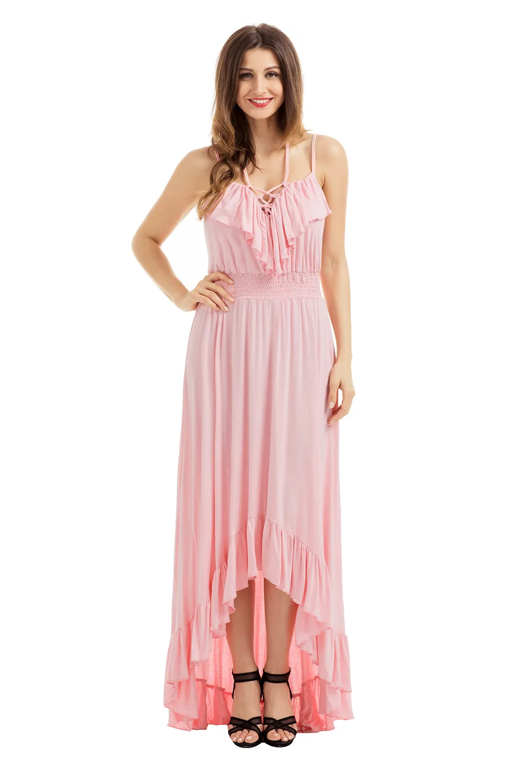 Light Pink Lace Up V Neck Ruffle Trim Hi-low Maxi Dress