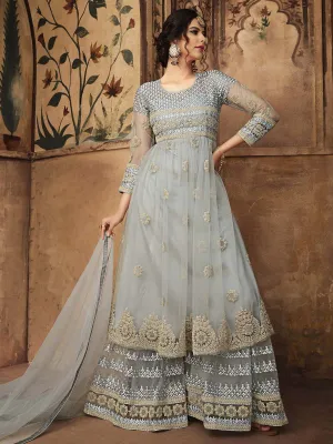 Light Teal Thread Embroidered Party Wear Sharara Suit