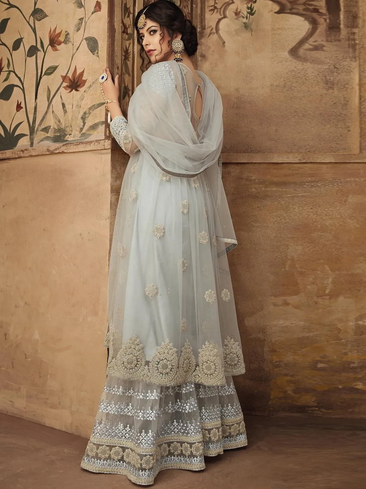 Light Teal Thread Embroidered Party Wear Sharara Suit