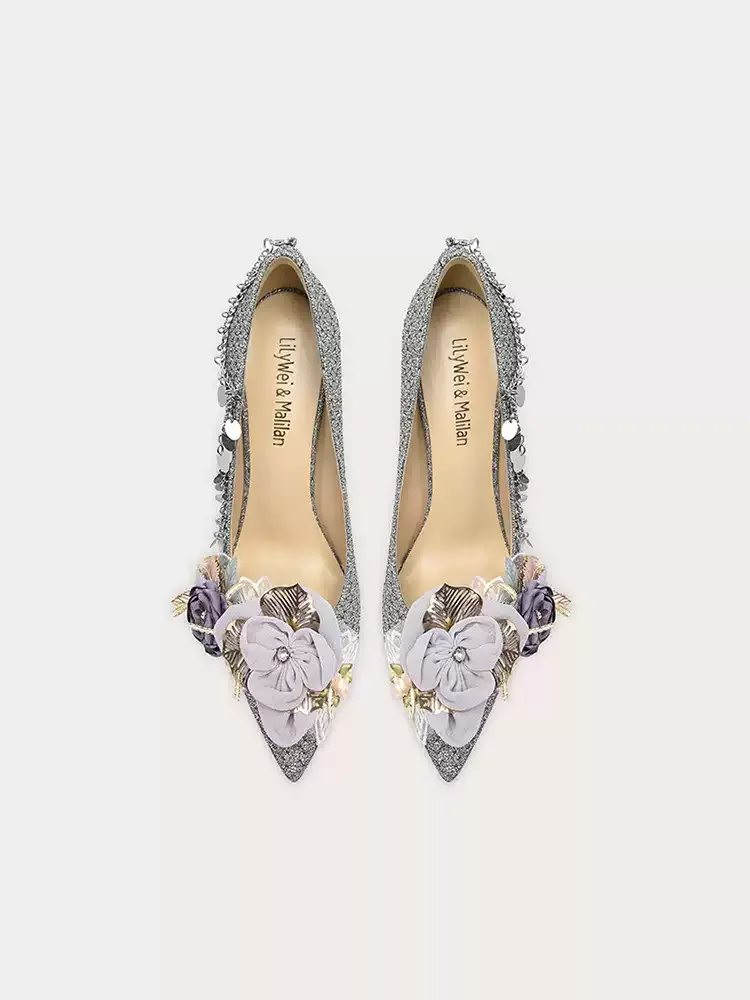 Lolita Floral Glitter High Heels with Elegant Pointed Toe and Stiletto Heel