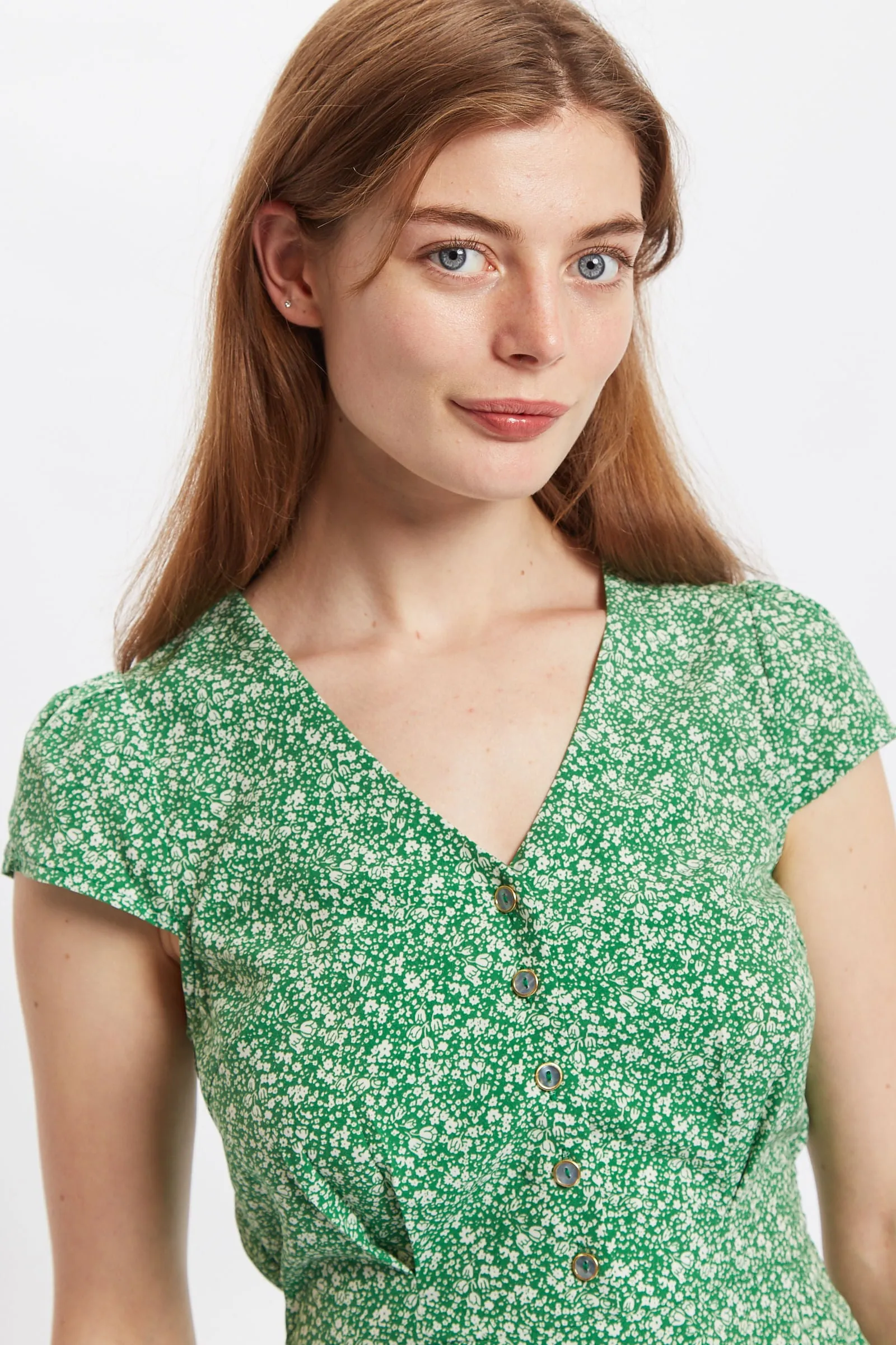 Louche Cathleen Micro Flower Print Mini Tea Dress - Green