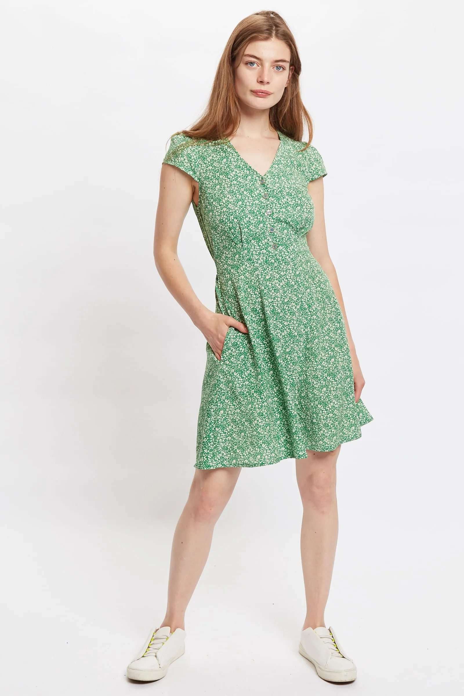 Louche Cathleen Micro Flower Print Mini Tea Dress - Green
