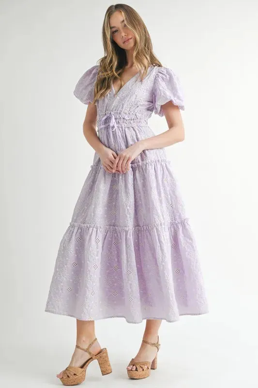 MABLE Eyelet Lace Puff Sleeve V Neck Midi Dress