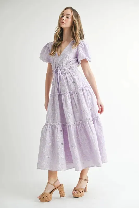 MABLE Eyelet Lace Puff Sleeve V Neck Midi Dress