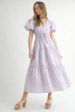 MABLE Eyelet Lace Puff Sleeve V Neck Midi Dress