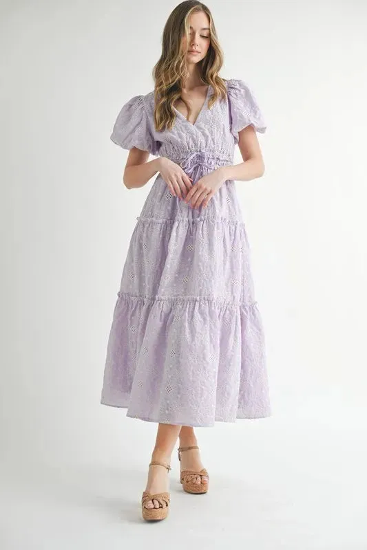 MABLE Eyelet Lace Puff Sleeve V Neck Midi Dress