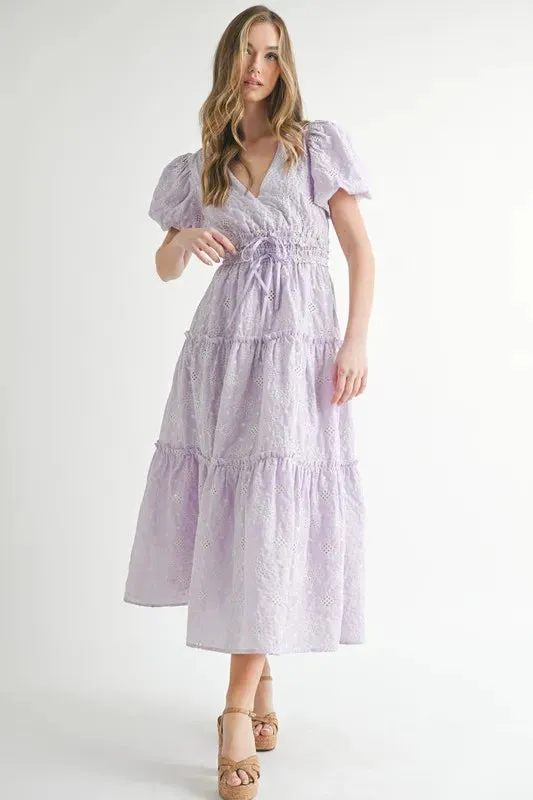 MABLE Eyelet Lace Puff Sleeve V Neck Midi Dress