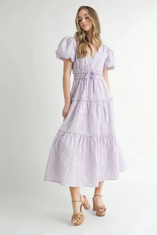MABLE Eyelet Lace Puff Sleeve V Neck Midi Dress