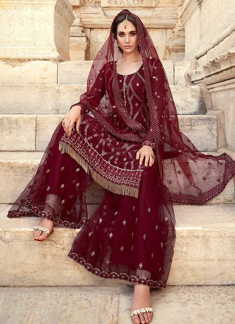 Maroon Embroidered Pakistani Sharara Suit
