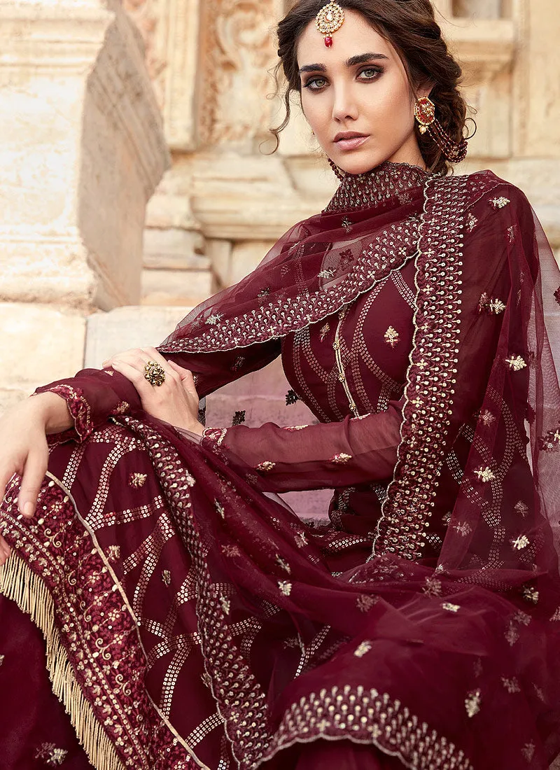 Maroon Embroidered Pakistani Sharara Suit