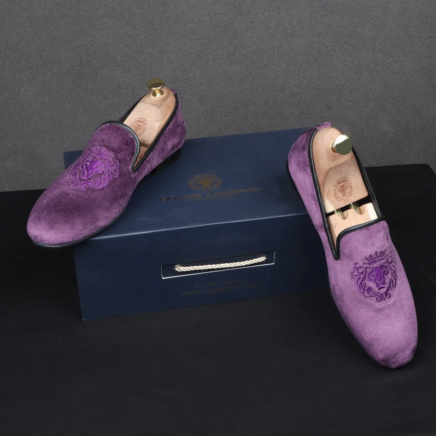 Men's Lion King Embroidery Purple Italian Velvet Slip-On Shoes By Brune & Bareskin