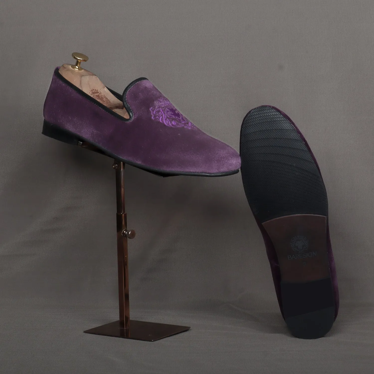 Men's Lion King Embroidery Purple Italian Velvet Slip-On Shoes By Brune & Bareskin