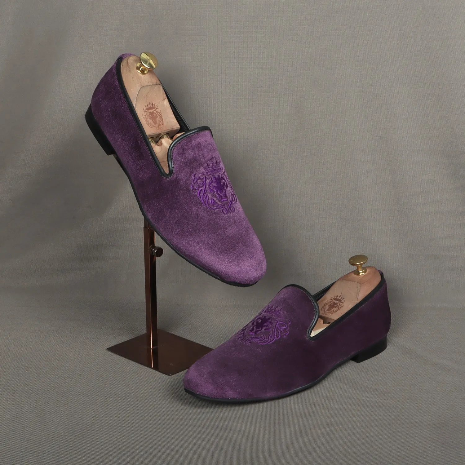 Men's Lion King Embroidery Purple Italian Velvet Slip-On Shoes By Brune & Bareskin