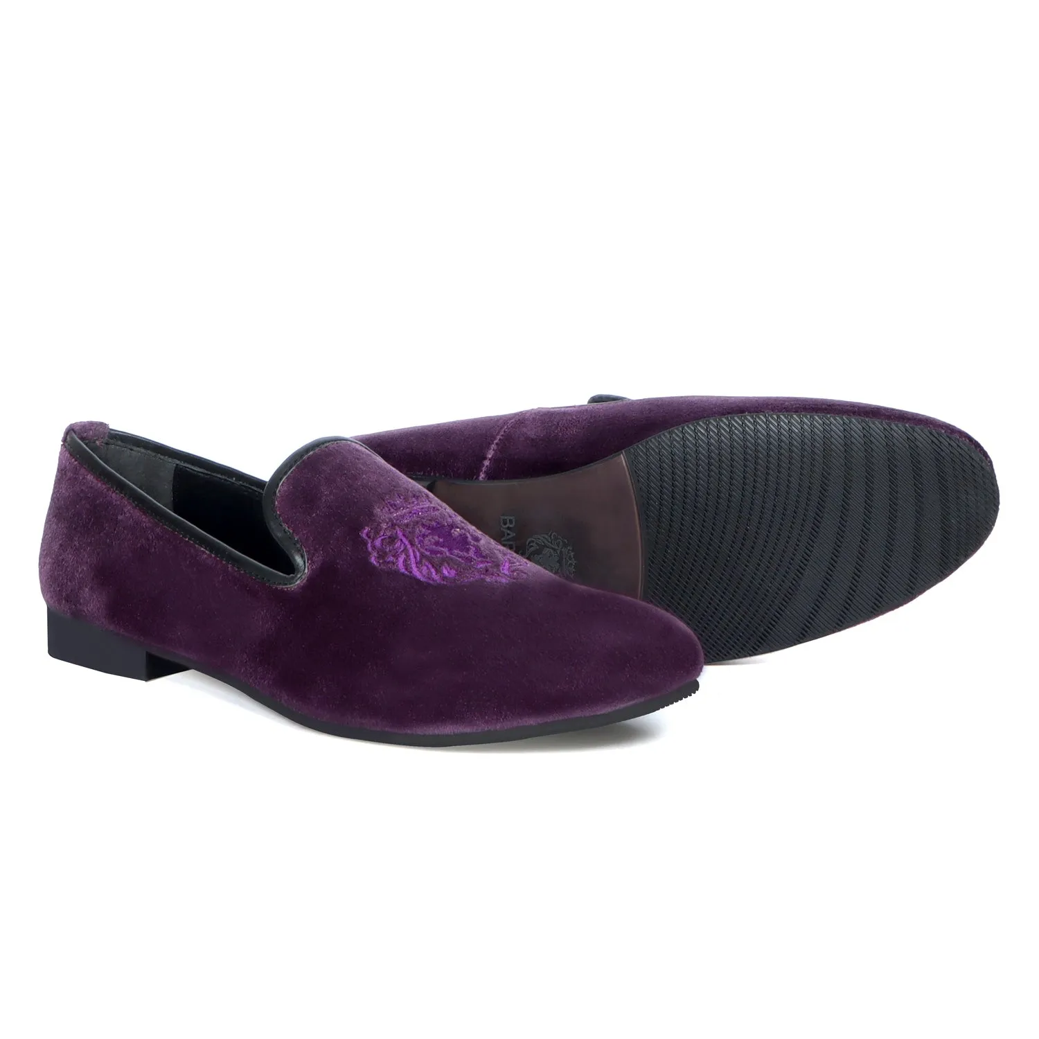 Men's Lion King Embroidery Purple Italian Velvet Slip-On Shoes By Brune & Bareskin