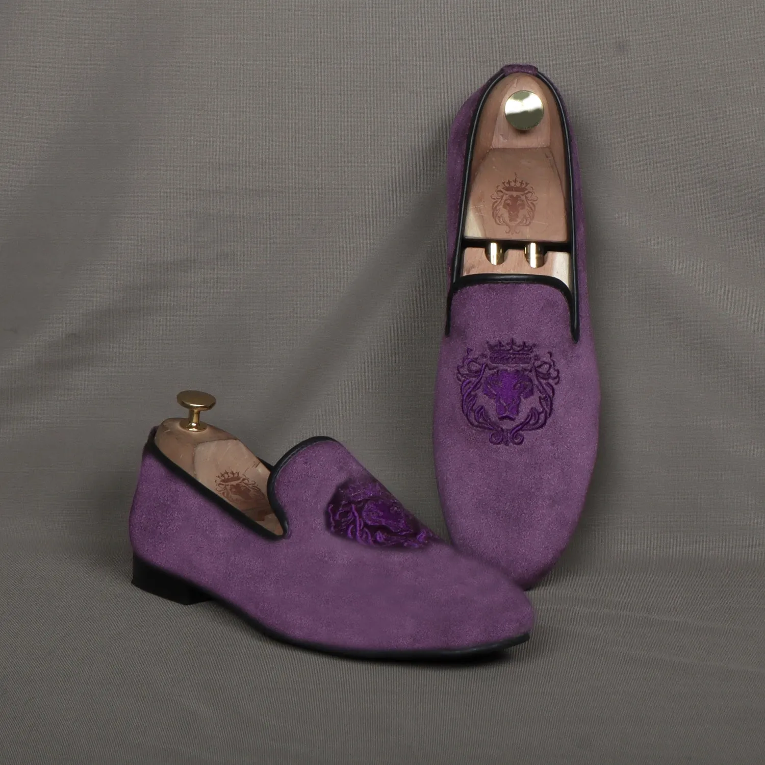 Men's Lion King Embroidery Purple Italian Velvet Slip-On Shoes By Brune & Bareskin
