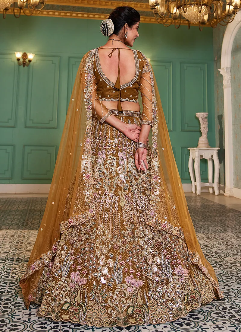 Mustard Yellow Floral Embroidery Bridal Lehenga Choli
