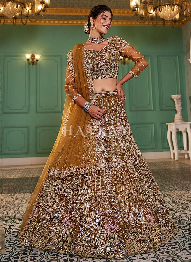 Mustard Yellow Floral Embroidery Bridal Lehenga Choli