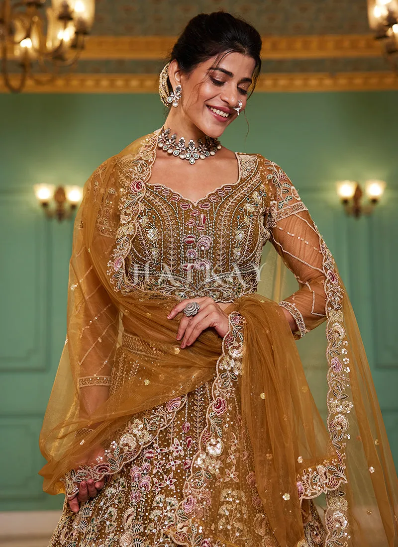 Mustard Yellow Floral Embroidery Bridal Lehenga Choli