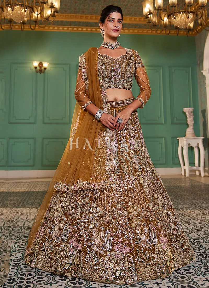 Mustard Yellow Floral Embroidery Bridal Lehenga Choli