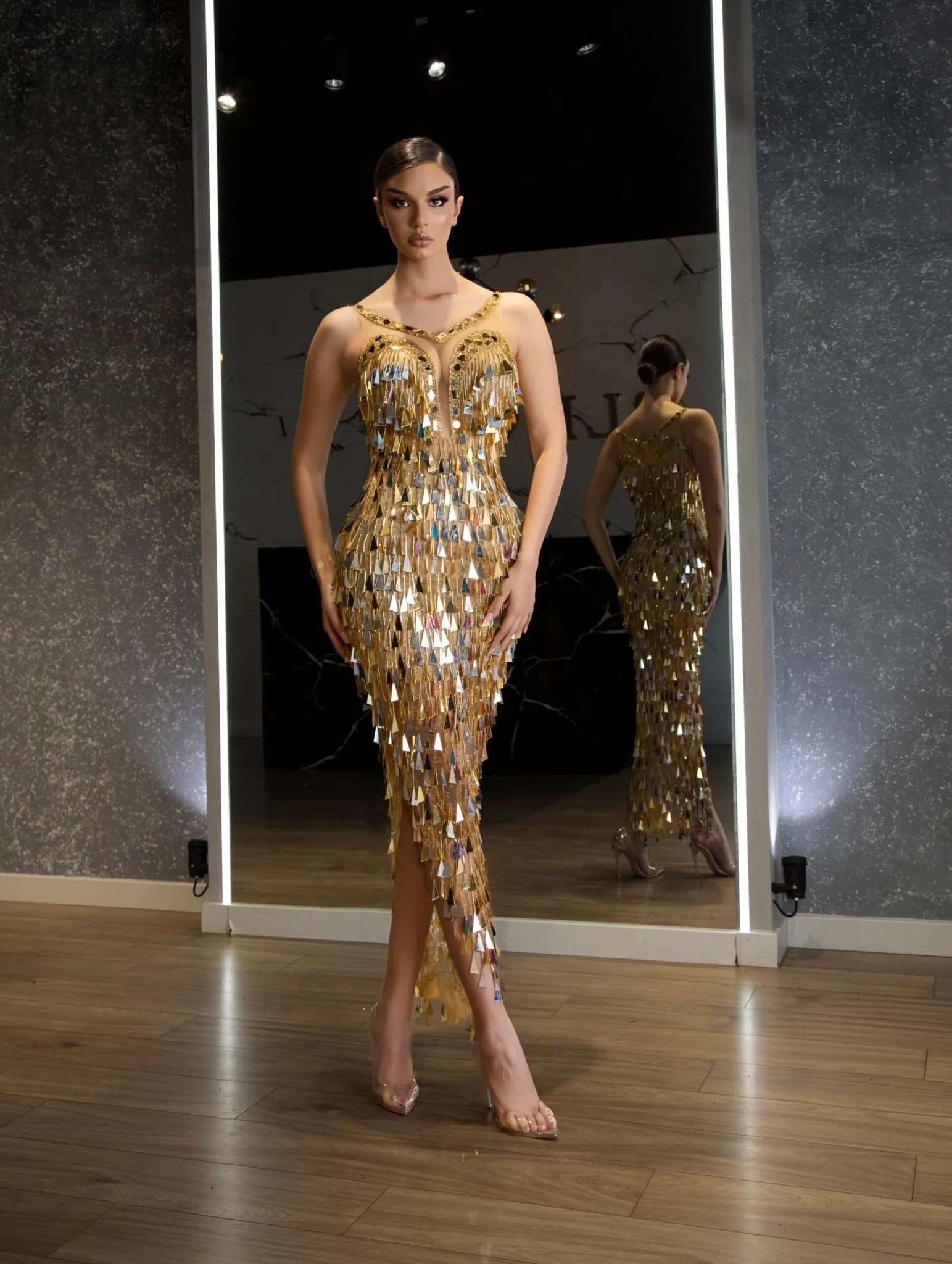 Olivia Maxi-Length Dress with All Over Gold Mirror Detailing