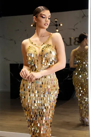 Olivia Maxi-Length Dress with All Over Gold Mirror Detailing